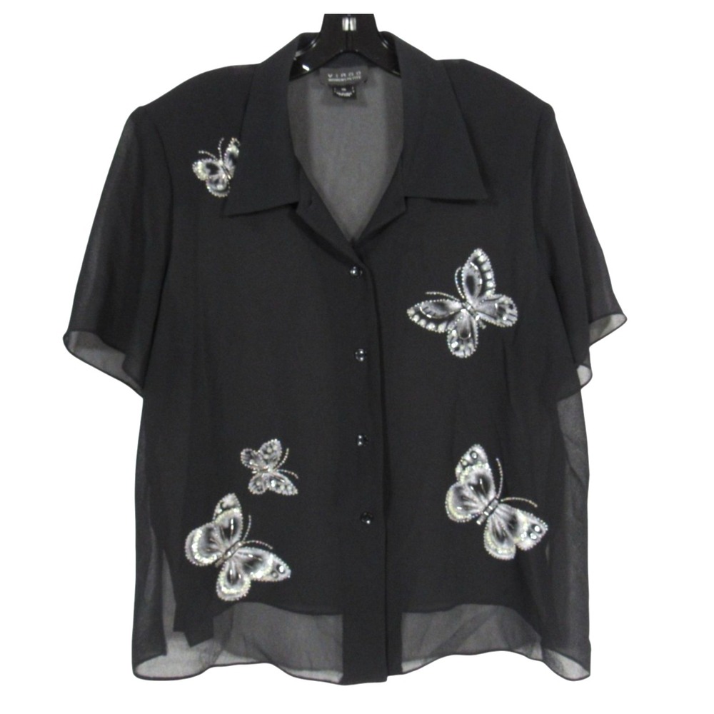 VTG VIRGO PETITE Black CREPE CHIFFON Beaded/Sequin BUTTERFLIES Blouse/Top 16P